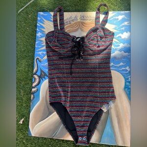 Glam rock metallic house of harlowe Striped Lace-Up Swimsuit bodysuit